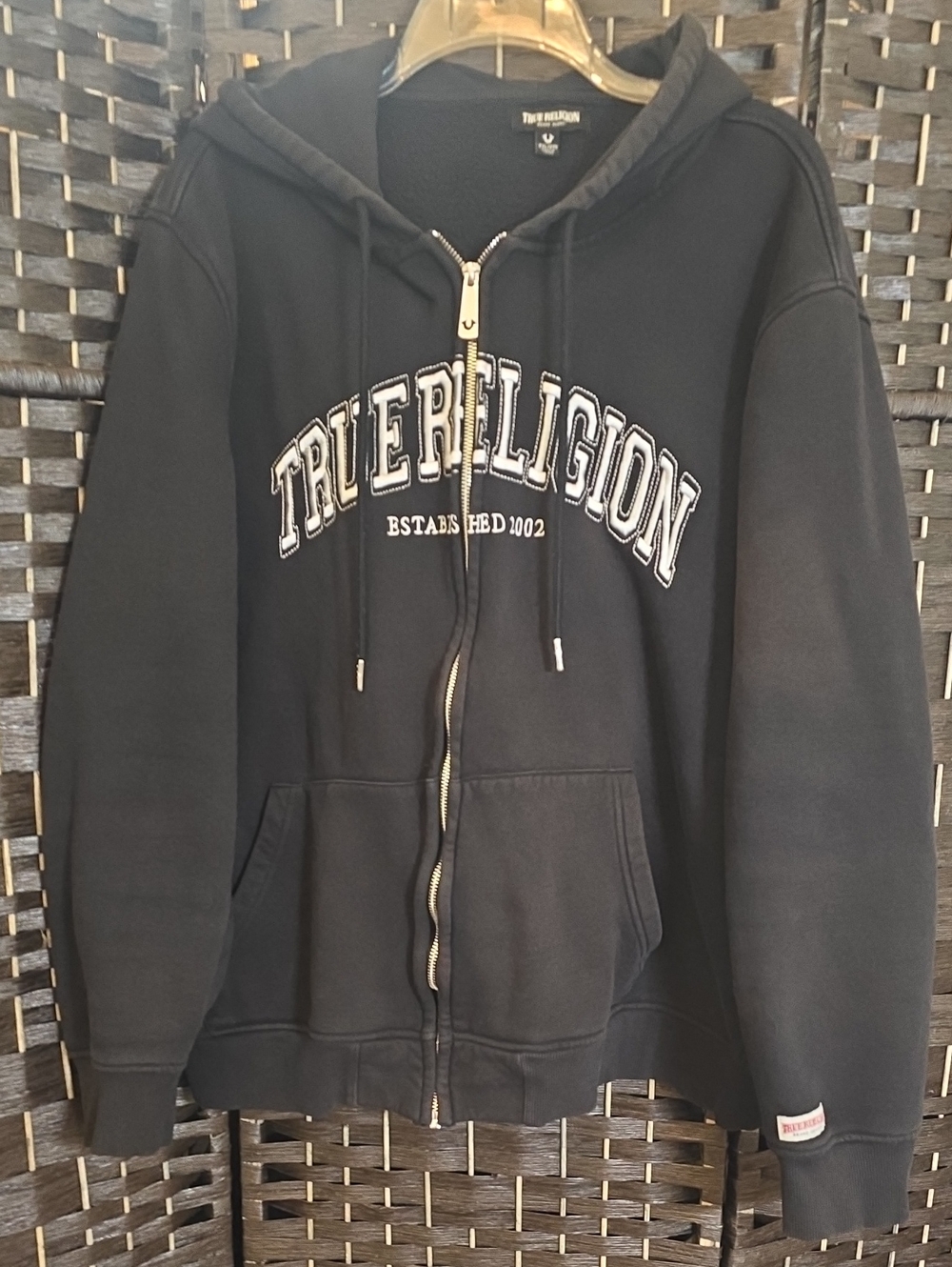 True Religion Men's Collegiate Embroidered Arch Logo Full-Zip Hoodie Black 2XL
